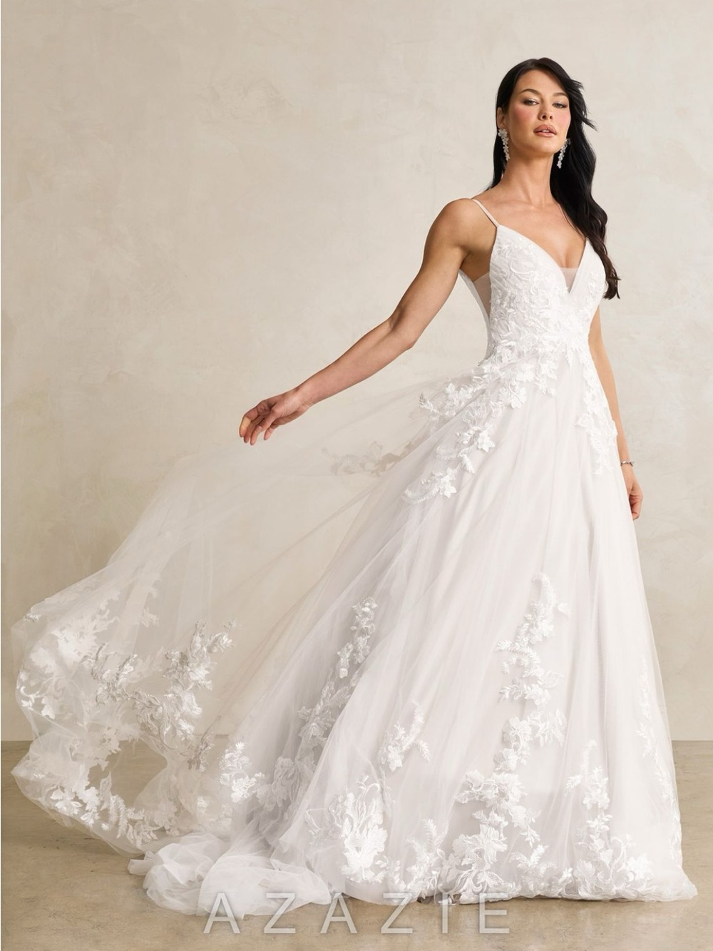 Azazie White Lace A-Line Gown with Spaghetti Straps